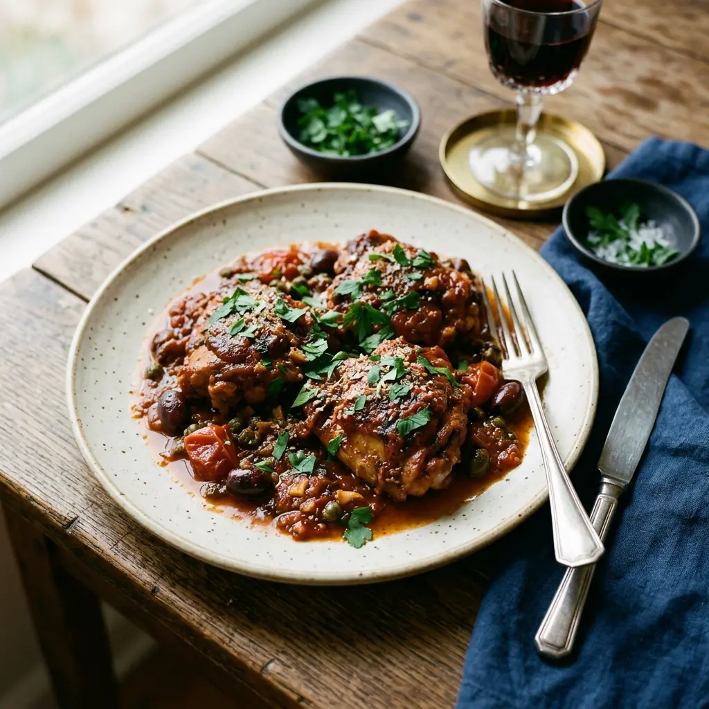 Stunning plated serving of Chicken in Puttanesca Sauce, a chef-tested recipe by Chef Jorj Morgan.