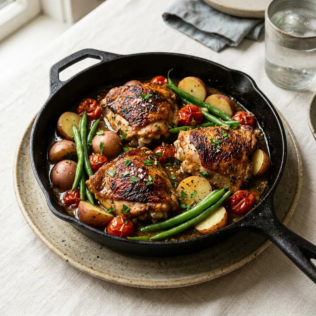 Stunning plated serving of Braised Chicken with Potatoes, Green Beans, and Tomatoes, a chef-tested recipe by Chef Jorj Morgan.