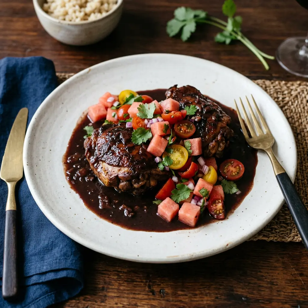 Stunning plated serving of Braised Jalapeño Chicken Thighs with Watermelon-Tomato Salsa, a chef-tested recipe by Chef Jorj Morgan.