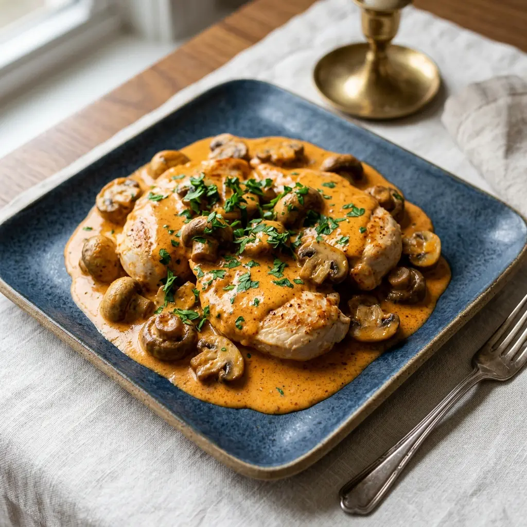 Stunning plated serving of Chicken and Mushroom Paprikash, a chef-tested recipe by Chef Jorj Morgan.