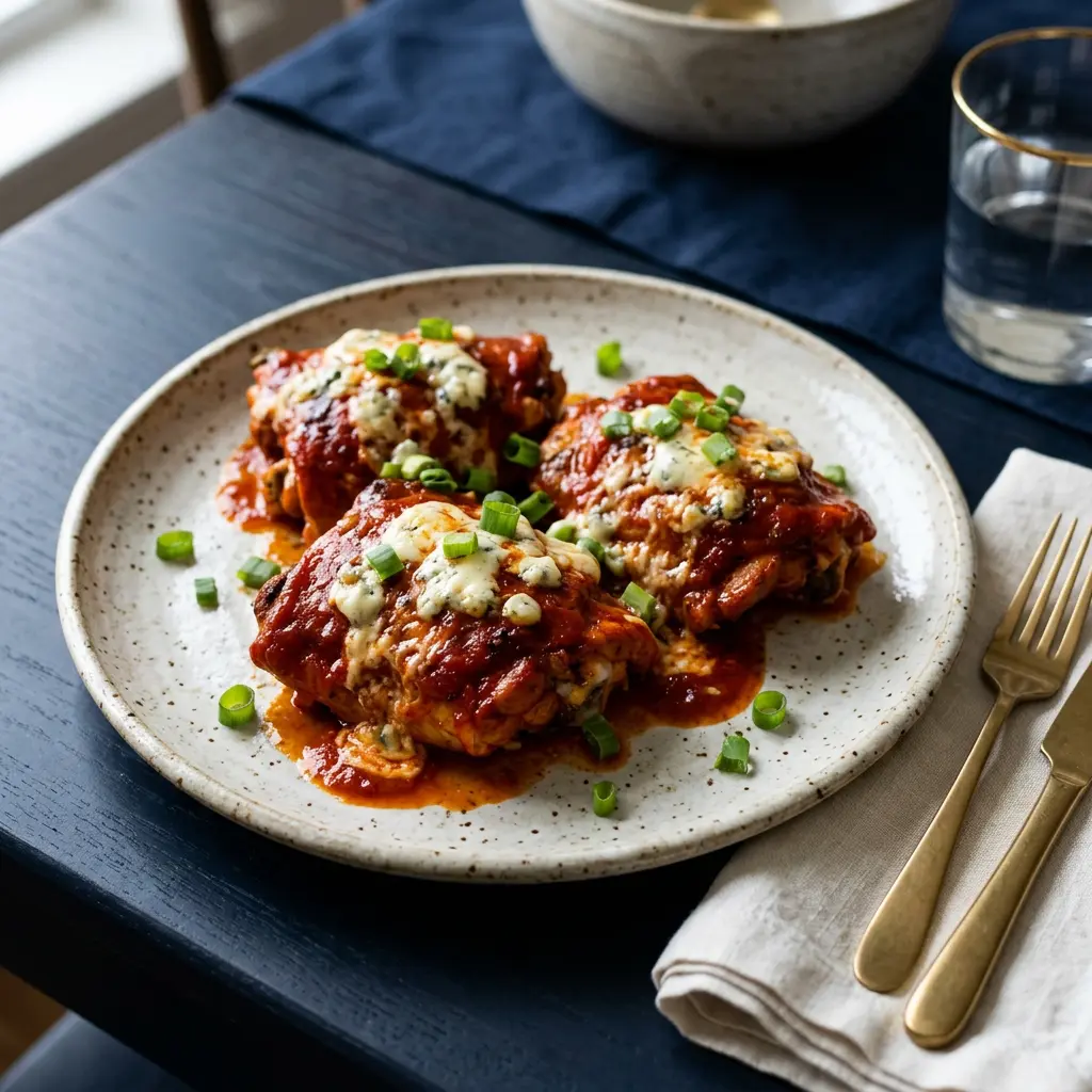 Stunning plated serving of Buffalo Chicken, a chef-tested recipe by Chef Jorj Morgan.