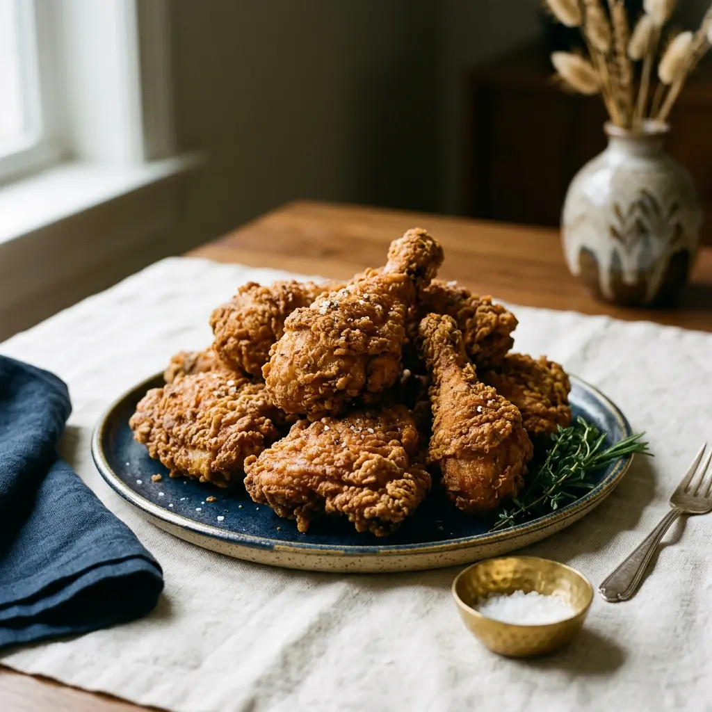 Stunning plated serving of Southern Fried Chicken, a chef-tested recipe by Chef Jorj Morgan.