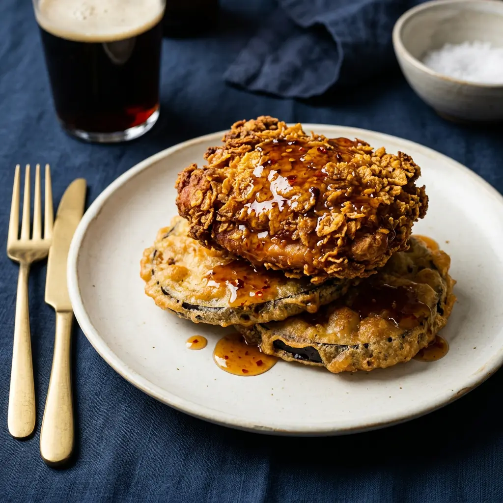 Stunning plated serving of Oven “Fried” Chicken with Eggplant with Hot Maple Drizzle, a chef-tested recipe by Chef Jorj Morgan.