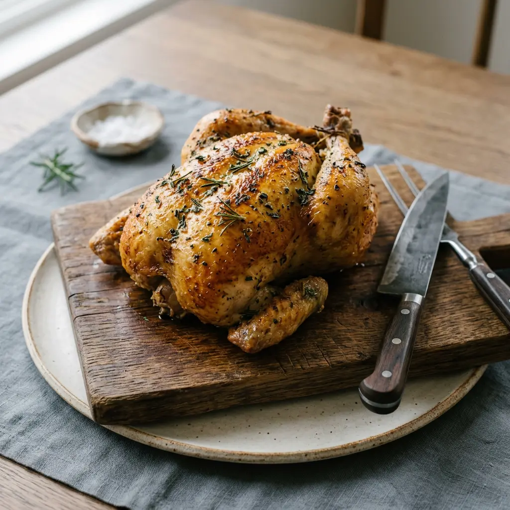 Stunning plated serving of Roasted Chicken (or Turkey) with Herb Butter, a chef-tested recipe by Chef Jorj Morgan.