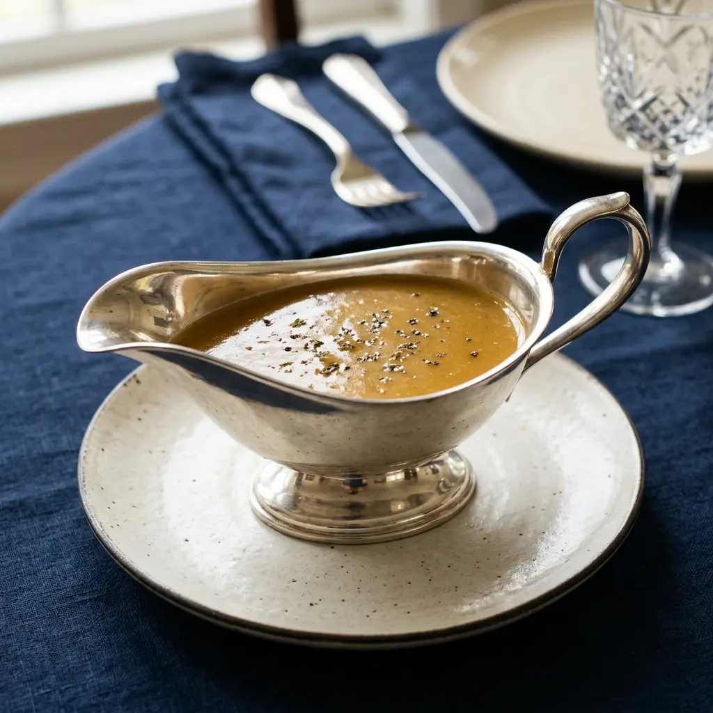 Stunning plated serving of Make-Ahead Gravy, a chef-tested recipe by Chef Jorj Morgan.