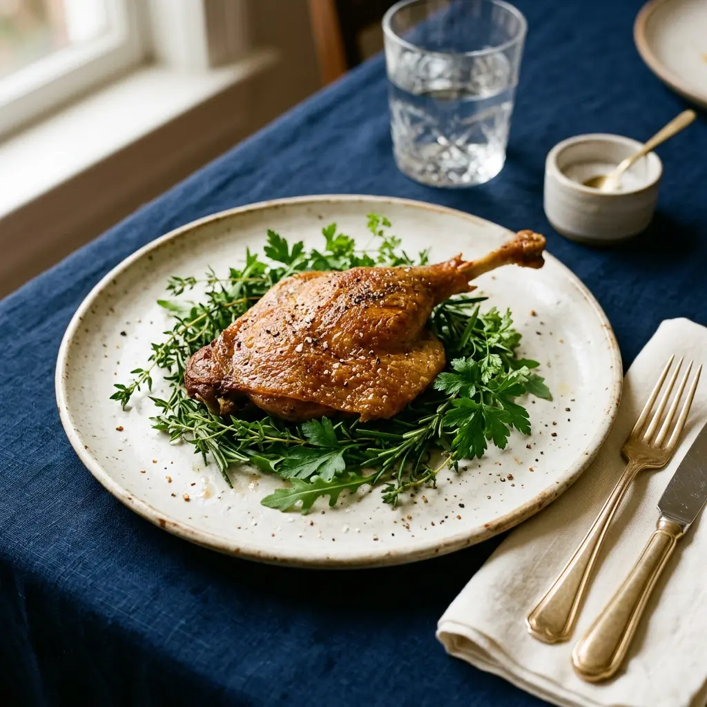 Stunning plated serving of Duck Confit, a chef-tested recipe by Chef Jorj Morgan.