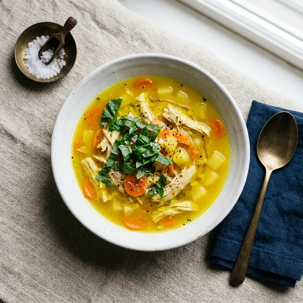 Stunning plated serving of Flu-Fightin’ Chicken Soup, a chef-tested recipe by Chef Jorj Morgan.