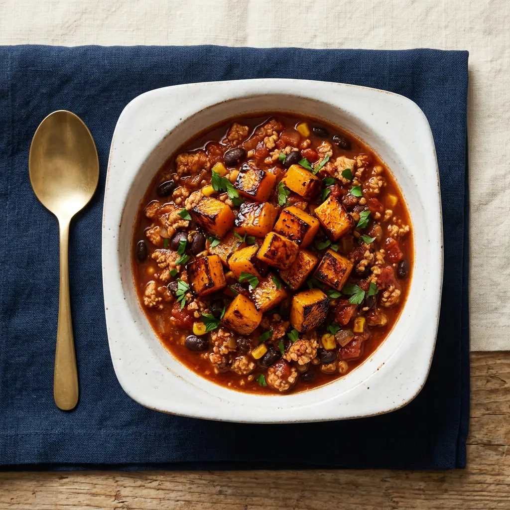 Stunning plated serving of Chicken Chili with Butternut Squash, a chef-tested recipe by Chef Jorj Morgan.