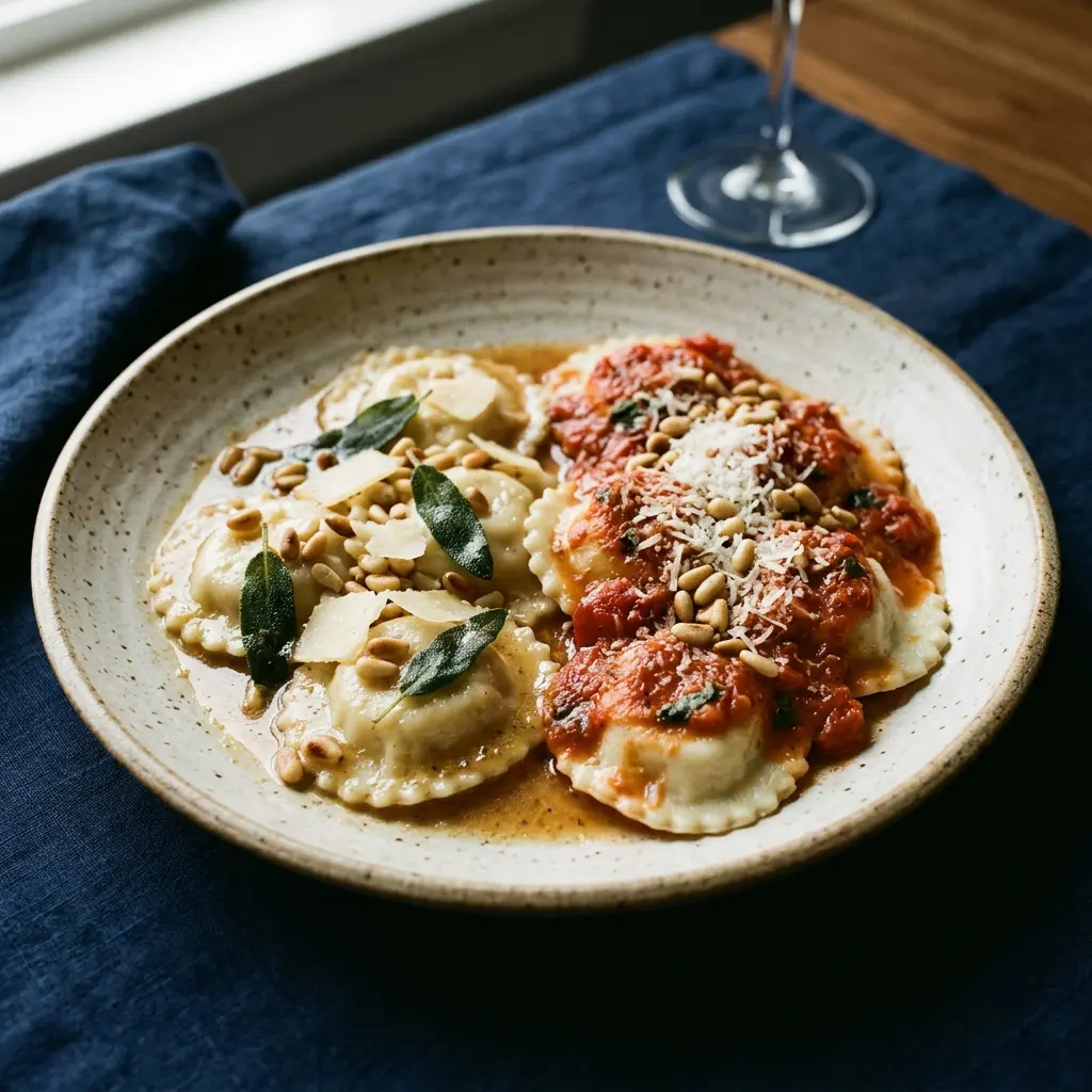 Stunning plated serving of Chicken Ravioli Two Ways, a chef-tested recipe by Chef Jorj Morgan.