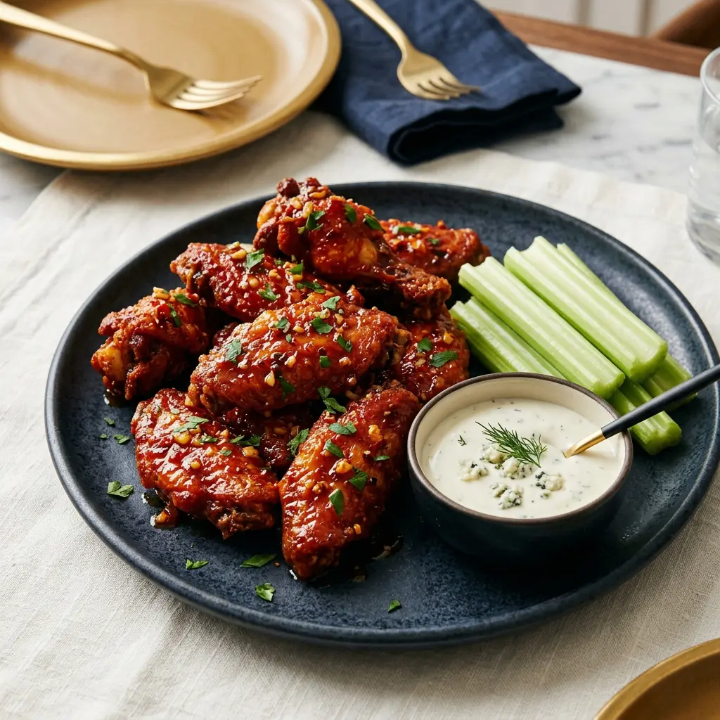 Stunning plated serving of Hot Garlicky Wings, a chef-tested recipe by Chef Jorj Morgan.