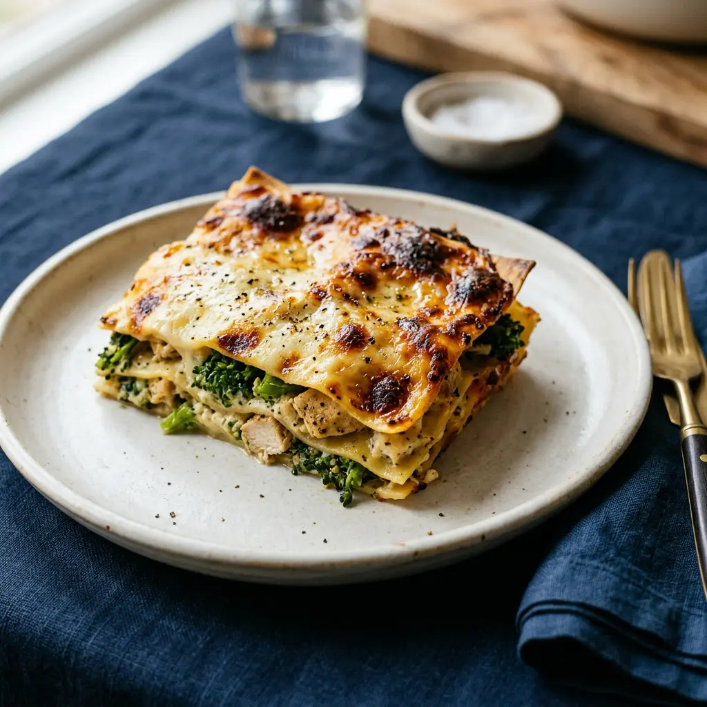 Stunning plated serving of Chicken and Veggie Lasagna, a chef-tested recipe by Chef Jorj Morgan.