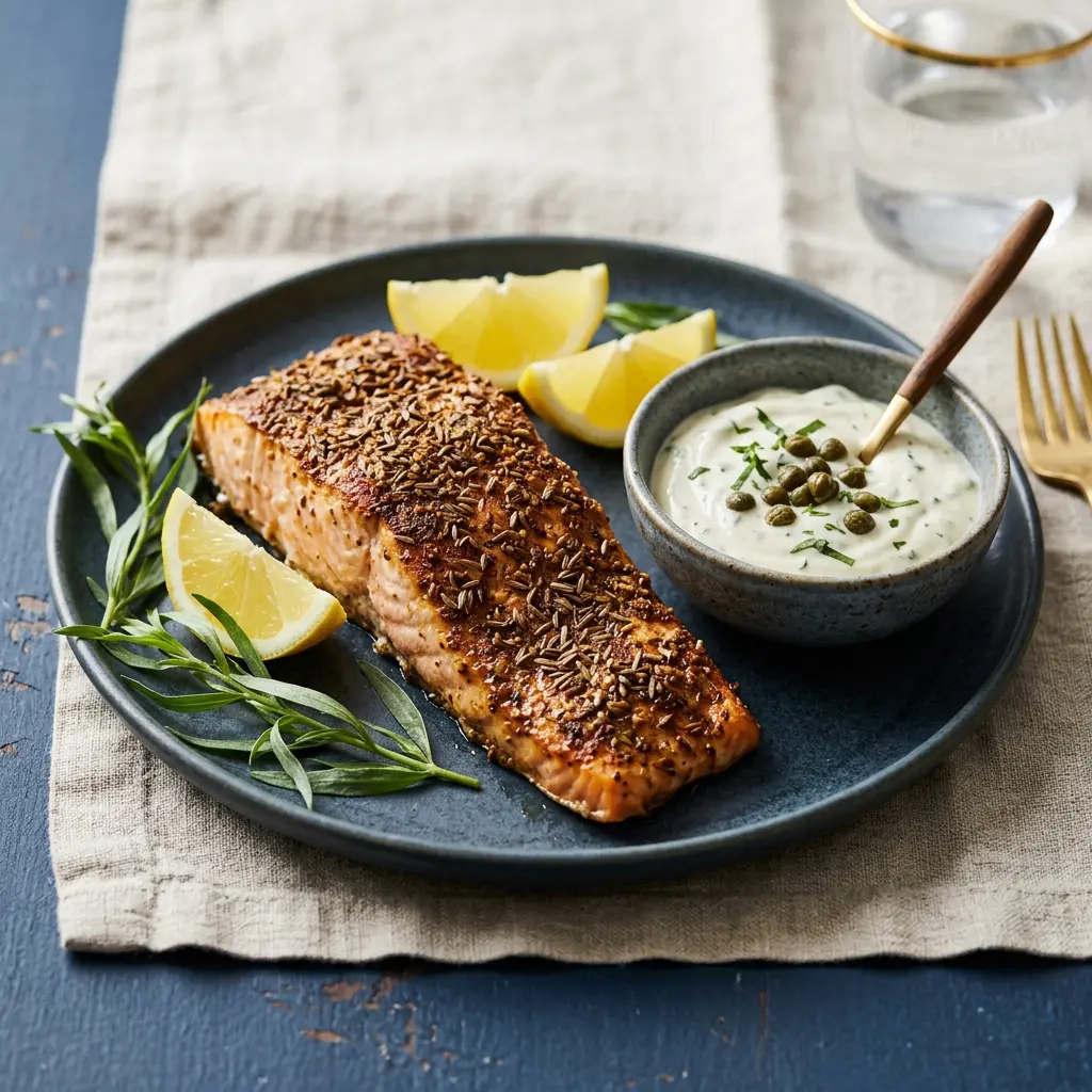 Stunning plated serving of Cumin-Crusted Salmon with Tarragon Caper Sauce, a chef-tested recipe by Chef Jorj Morgan.