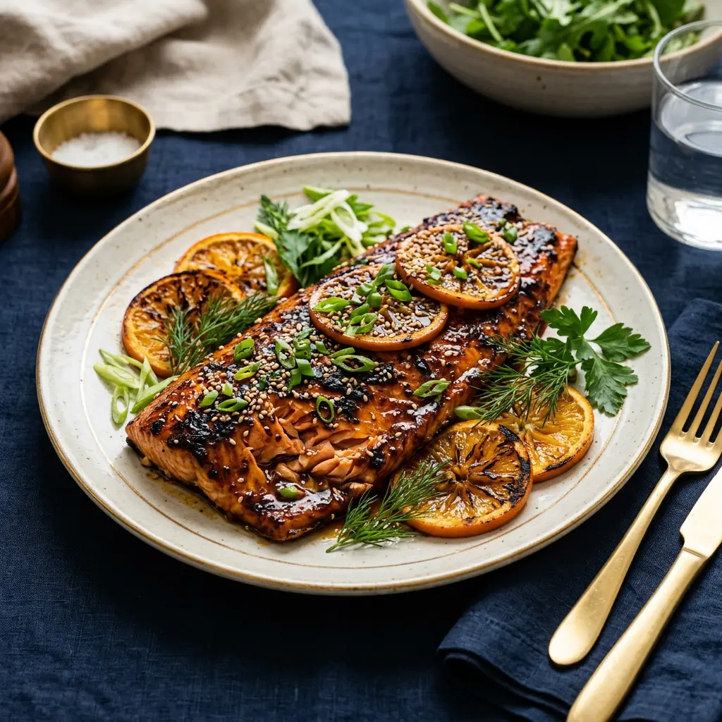 Stunning plated serving of Grilled Salmon with Maple Orange Glaze, a chef-tested recipe by Chef Jorj Morgan.