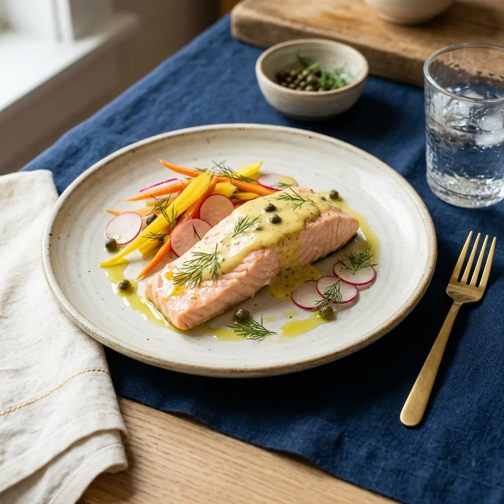 Stunning plated serving of Olive Oil Poached Salmon with Mustard Sauce, a chef-tested recipe by Chef Jorj Morgan.