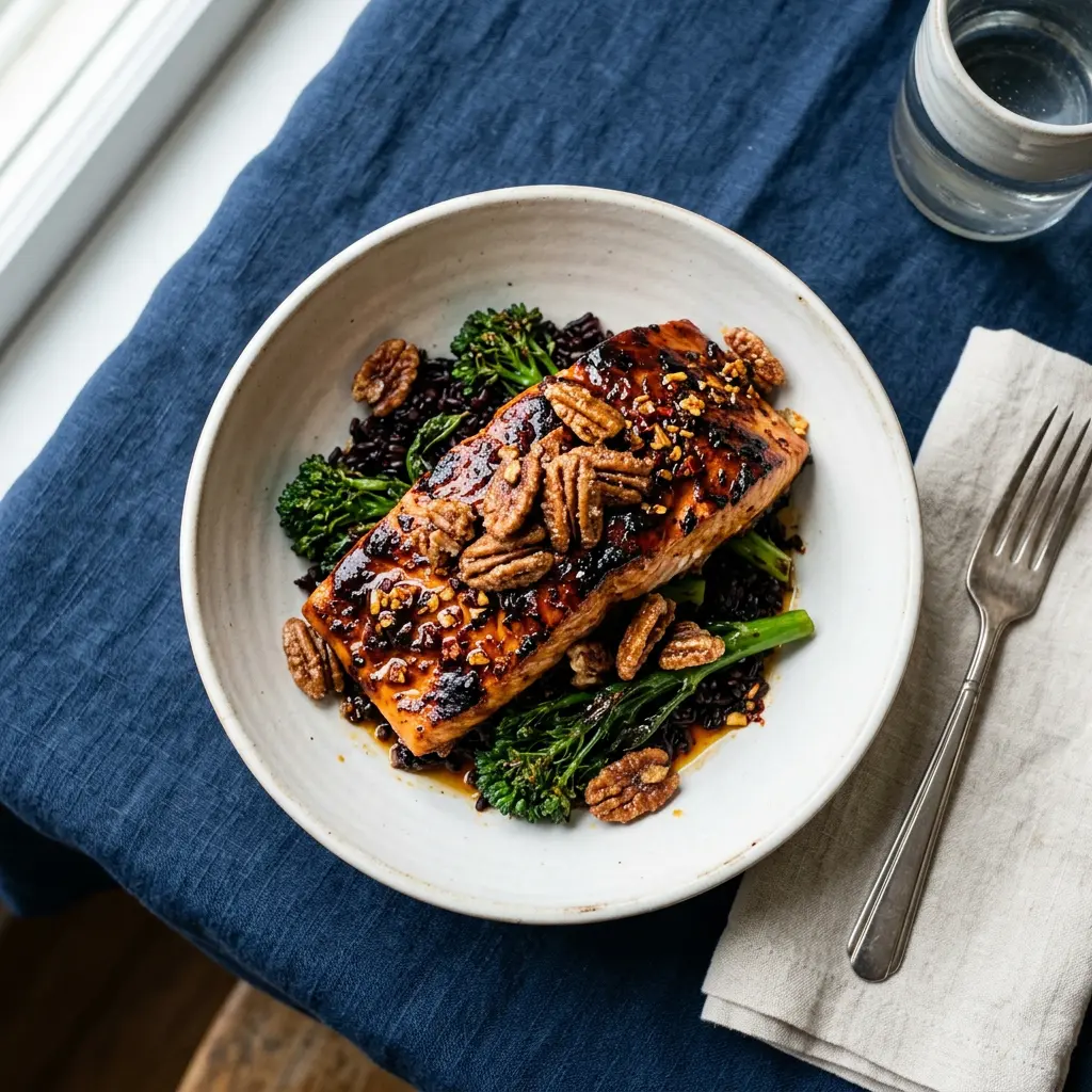 Stunning plated serving of Barbecue Salmon with Chili Oil and Buttered Pecans, a chef-tested recipe by Chef Jorj Morgan.