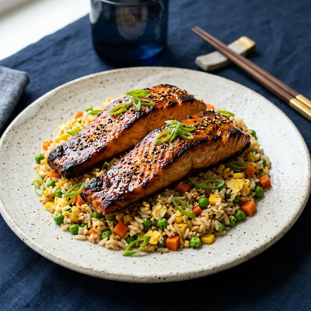 Stunning plated serving of Miso-Roasted Salmon over Veggie Fried Rice, a chef-tested recipe by Chef Jorj Morgan.