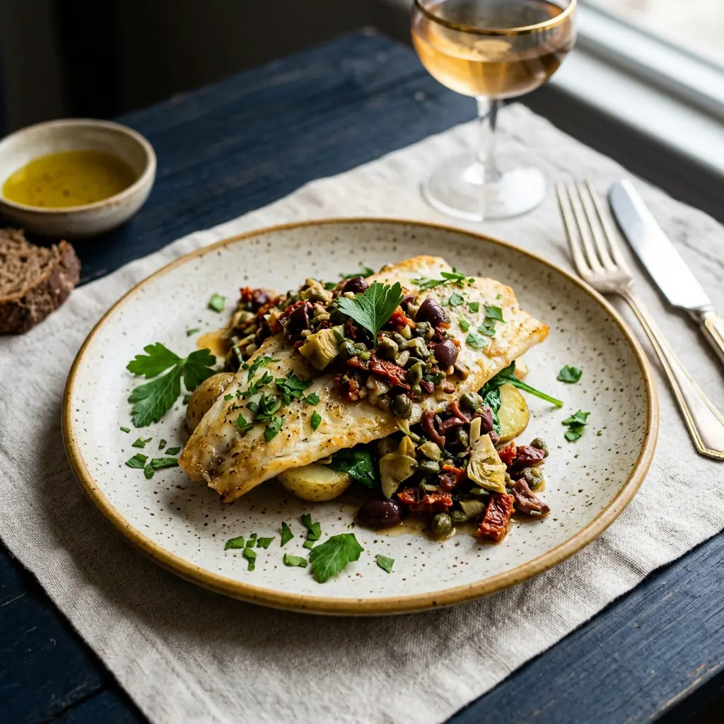 Stunning plated serving of Sea Bass Provençale, a chef-tested recipe by Chef Jorj Morgan.