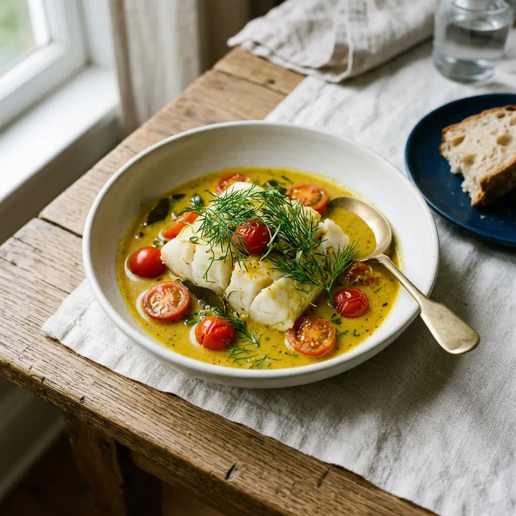 Stunning plated serving of Cod in Tomato-Curry Sauce, a chef-tested recipe by Chef Jorj Morgan.