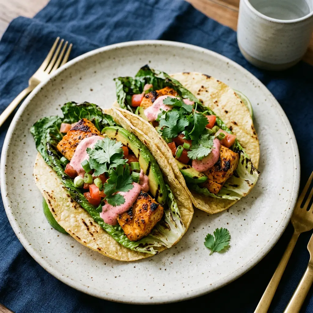 Stunning plated serving of Grilled Fish Tacos, a chef-tested recipe by Chef Jorj Morgan.