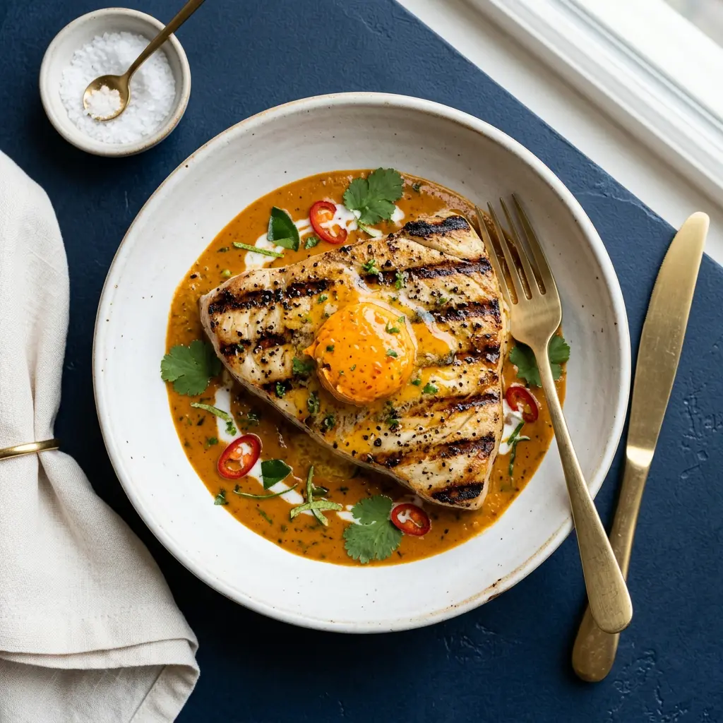 Stunning plated serving of Grilled Swordfish with Thai Chili Compound Butter and Red Curry Sauce, a chef-tested recipe by Chef Jorj Morgan.