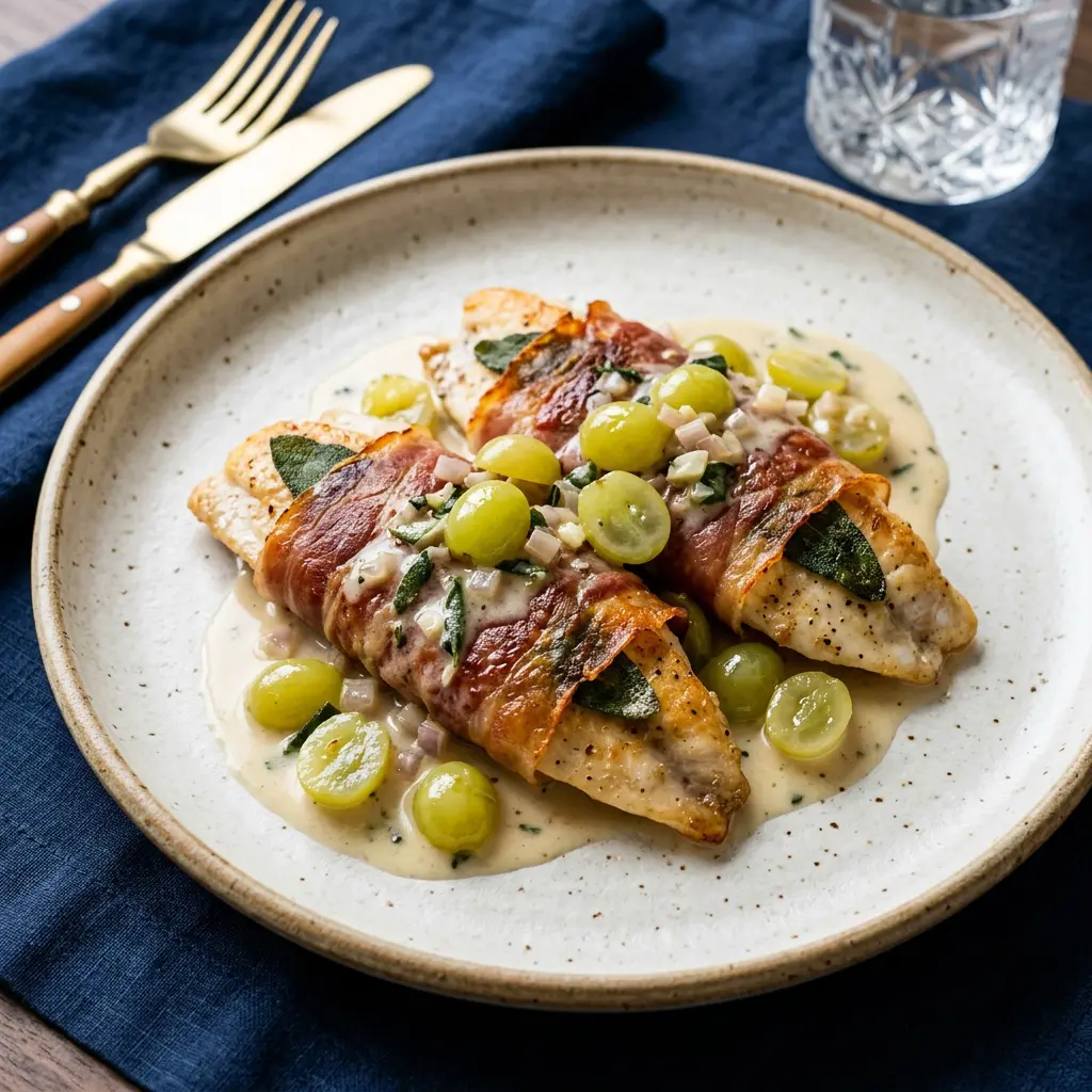 Stunning plated serving of Trout Saltimbocca with a Veronique Sauce, a chef-tested recipe by Chef Jorj Morgan.