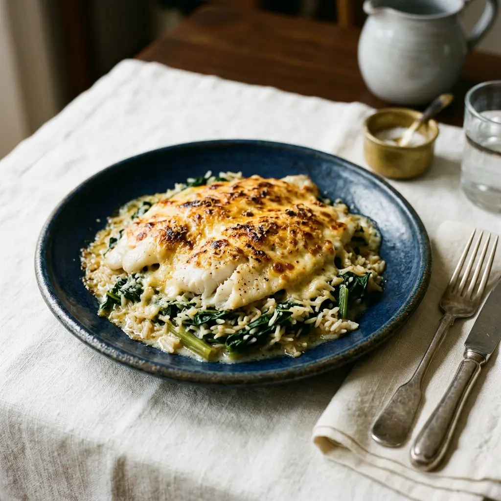 Stunning plated serving of Sole Florentine, a chef-tested recipe by Chef Jorj Morgan.