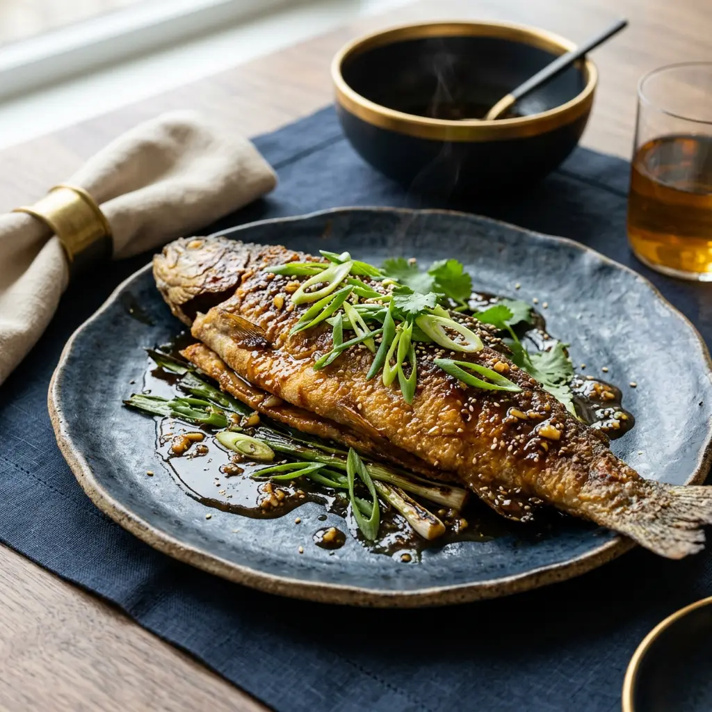 Stunning plated serving of Crispy-Fried Whole Trout with Sweet-and-Sour Sauce, a chef-tested recipe by Chef Jorj Morgan.