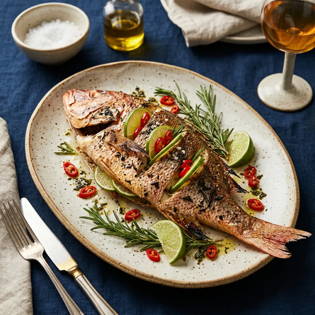 Stunning plated serving of Roasted Whole Snapper, a chef-tested recipe by Chef Jorj Morgan.