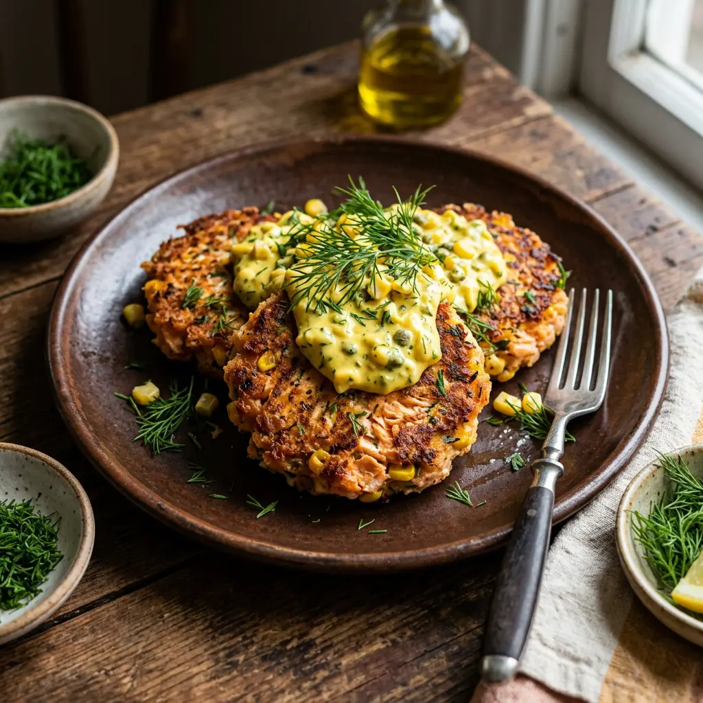 Stunning plated serving of Salmon and Corn Cakes with Creamed Corn Tartar Sauce, a chef-tested recipe by Chef Jorj Morgan.