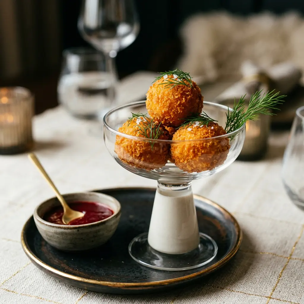 Stunning plated serving of Fried Salmon and Rice Balls with Cocktail Sauce, a chef-tested recipe by Chef Jorj Morgan.