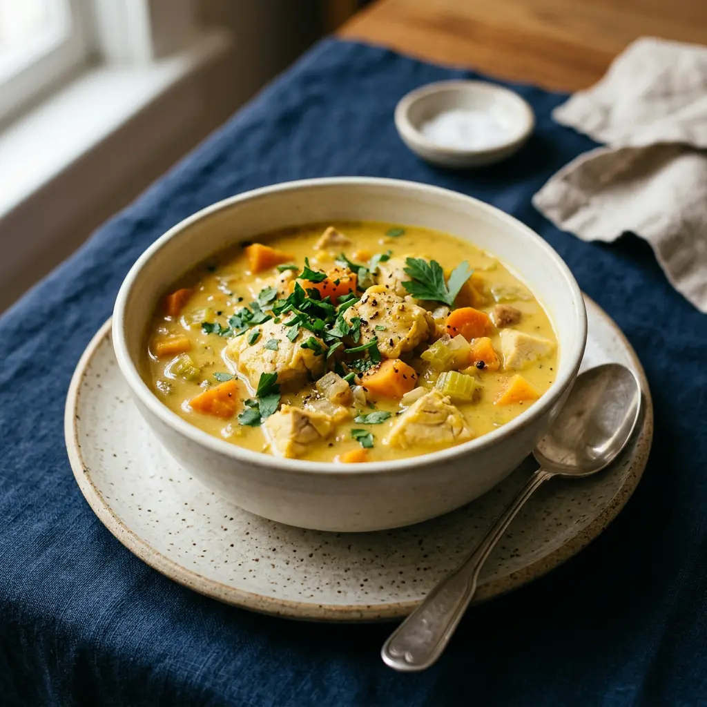 Stunning plated serving of Pumpkin Swordfish Chowder, a chef-tested recipe by Chef Jorj Morgan.