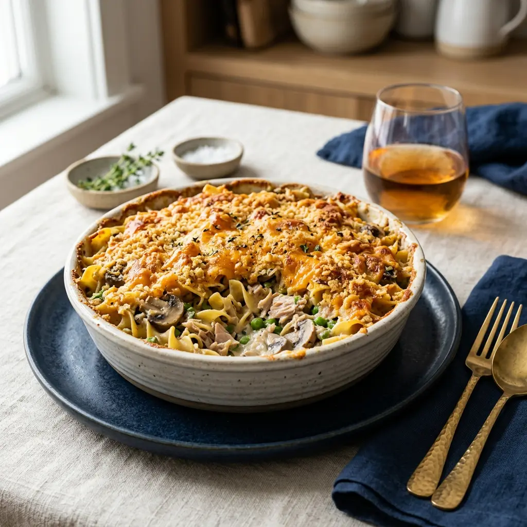 Stunning plated serving of Super Supreme Tuna Noodle Casserole, a chef-tested recipe by Chef Jorj Morgan.