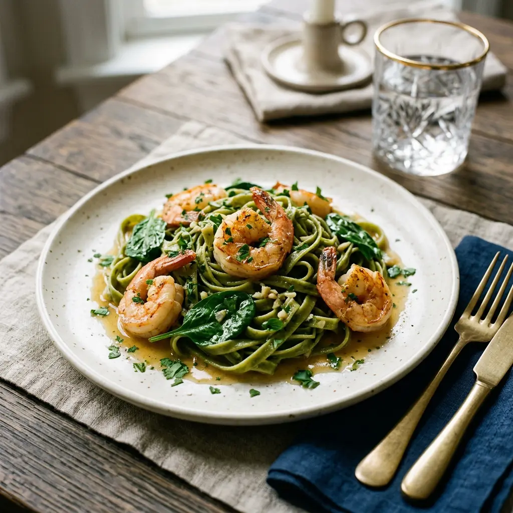 Stunning plated serving of Shrimp Scampi with Spinach Fettuccine, a chef-tested recipe by Chef Jorj Morgan.