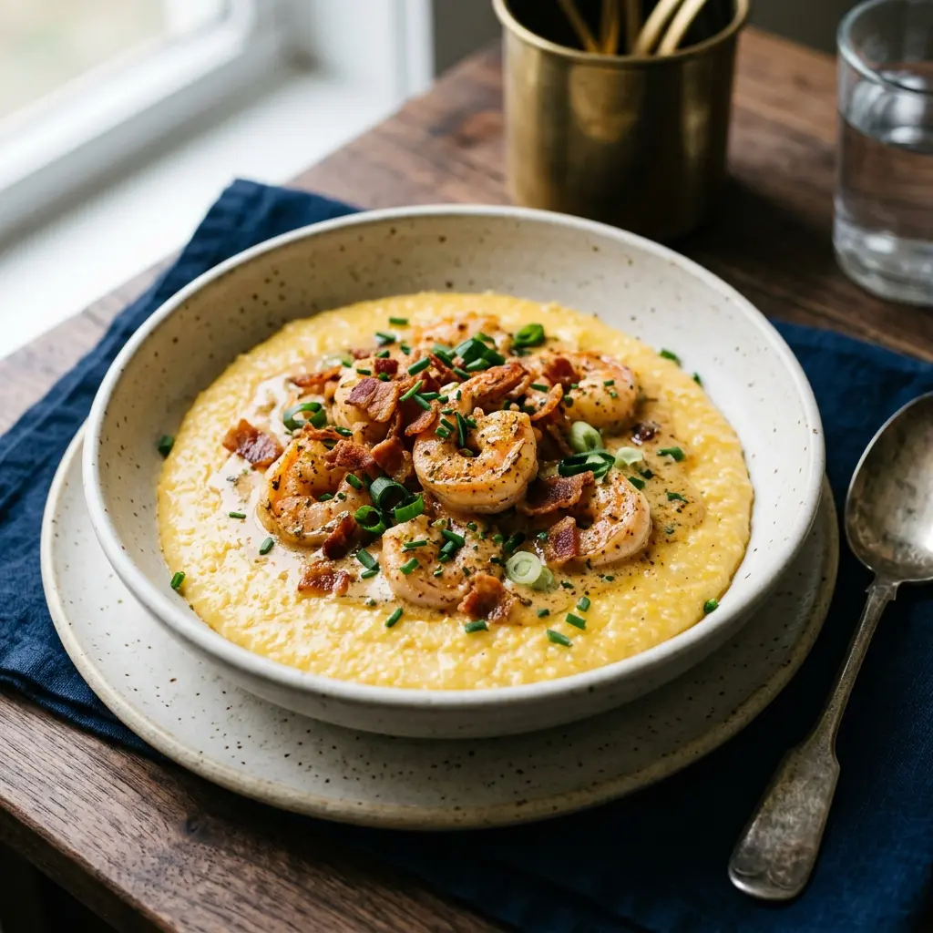 Stunning plated serving of Shrimp and Grits, a chef-tested recipe by Chef Jorj Morgan.