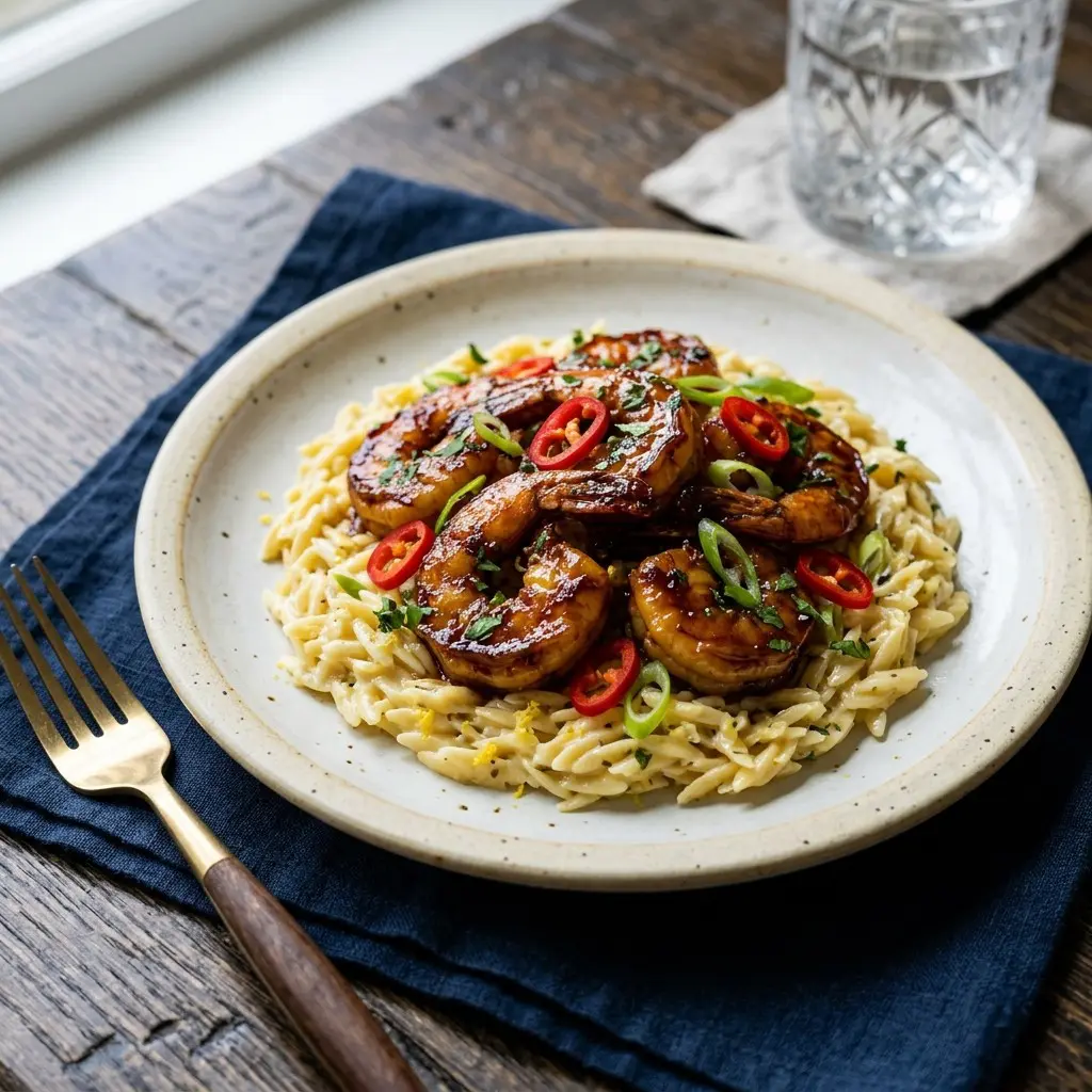 Stunning plated serving of Caramelized Shrimp with Gingered Orzo, a chef-tested recipe by Chef Jorj Morgan.