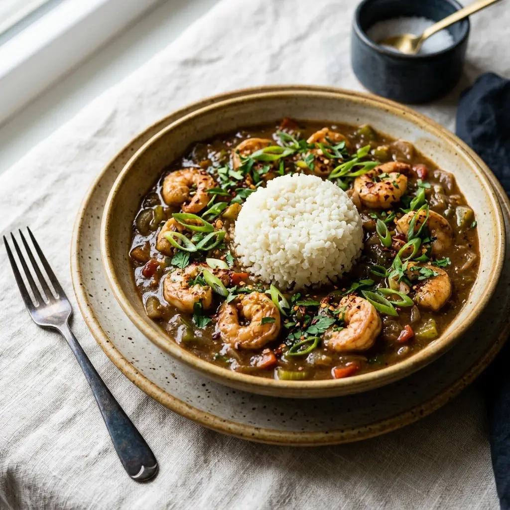 Stunning plated serving of Shrimp Étouffée with a Scoopful of Cauliflower Rice, a chef-tested recipe by Chef Jorj Morgan.