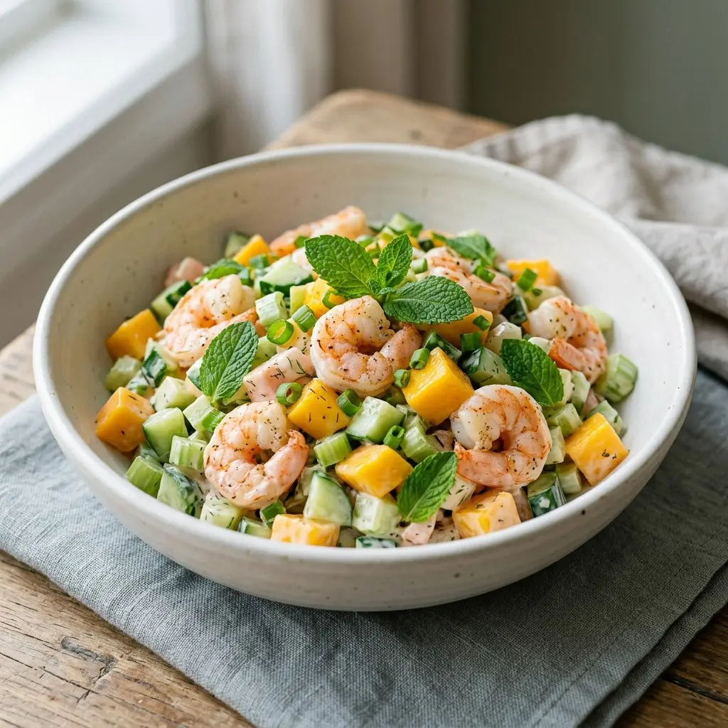 Stunning plated serving of Creamy Shrimp Salad with Mango, a chef-tested recipe by Chef Jorj Morgan.