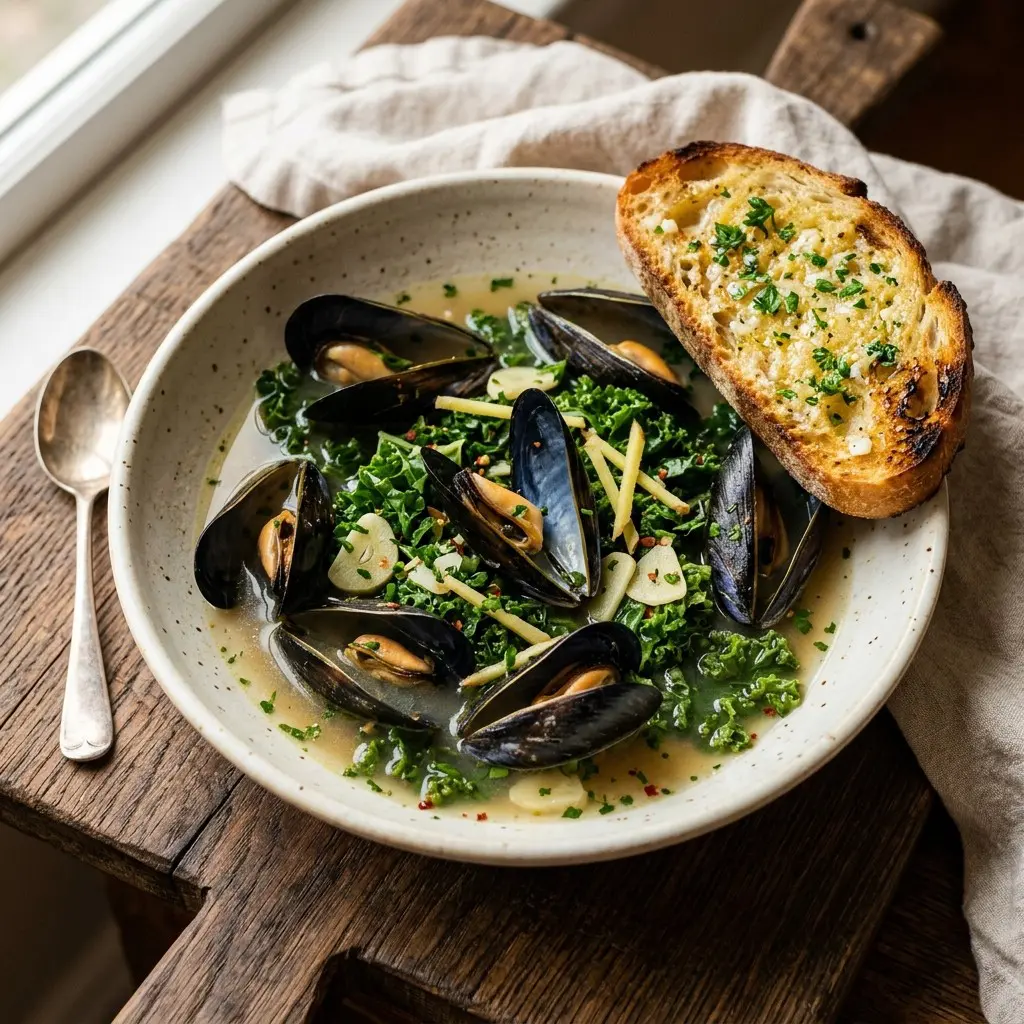 Stunning plated serving of Mussels in Ginger-Garlic Broth with Crusty Bread, a chef-tested recipe by Chef Jorj Morgan.