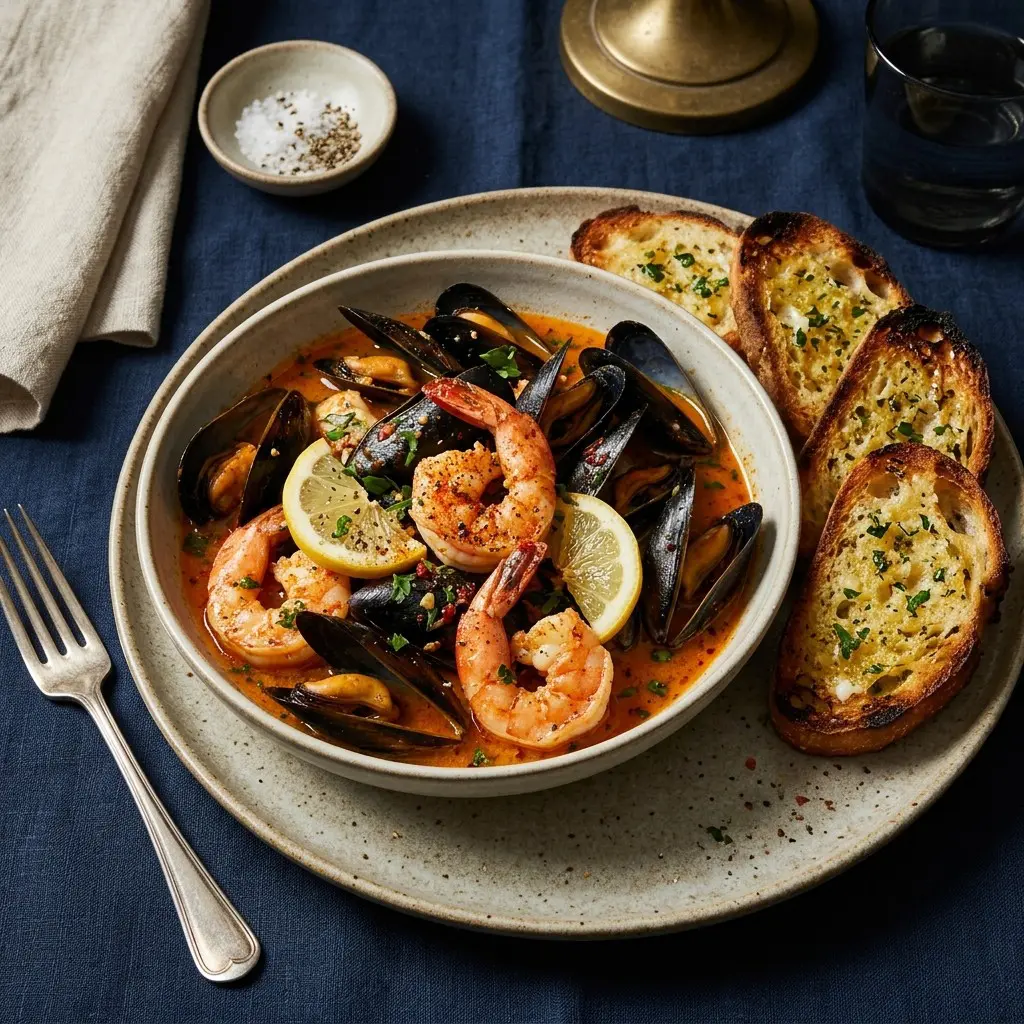 Stunning plated serving of Mussels and Shrimp in Cajun Butter Sauce with Garlic Toasts, a chef-tested recipe by Chef Jorj Morgan.