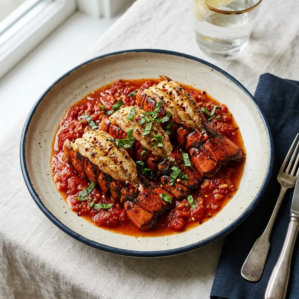 Stunning plated serving of Grilled Lobster Tail in Fra Diavolo Sauce, a chef-tested recipe by Chef Jorj Morgan.