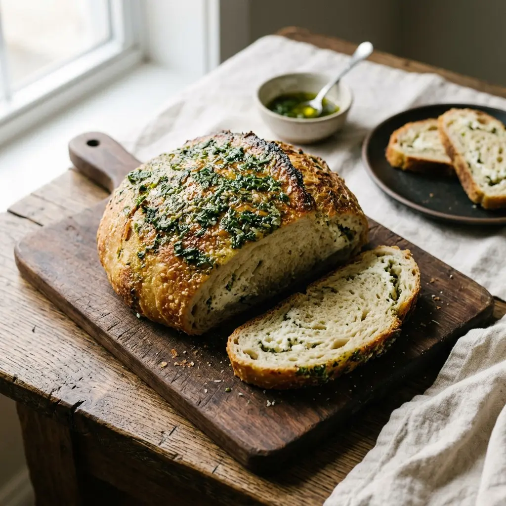 Stunning plated serving of Bread Machine Basil Ricotta Bread with Parmesan Topping, a chef-tested recipe by Chef Jorj Morgan.