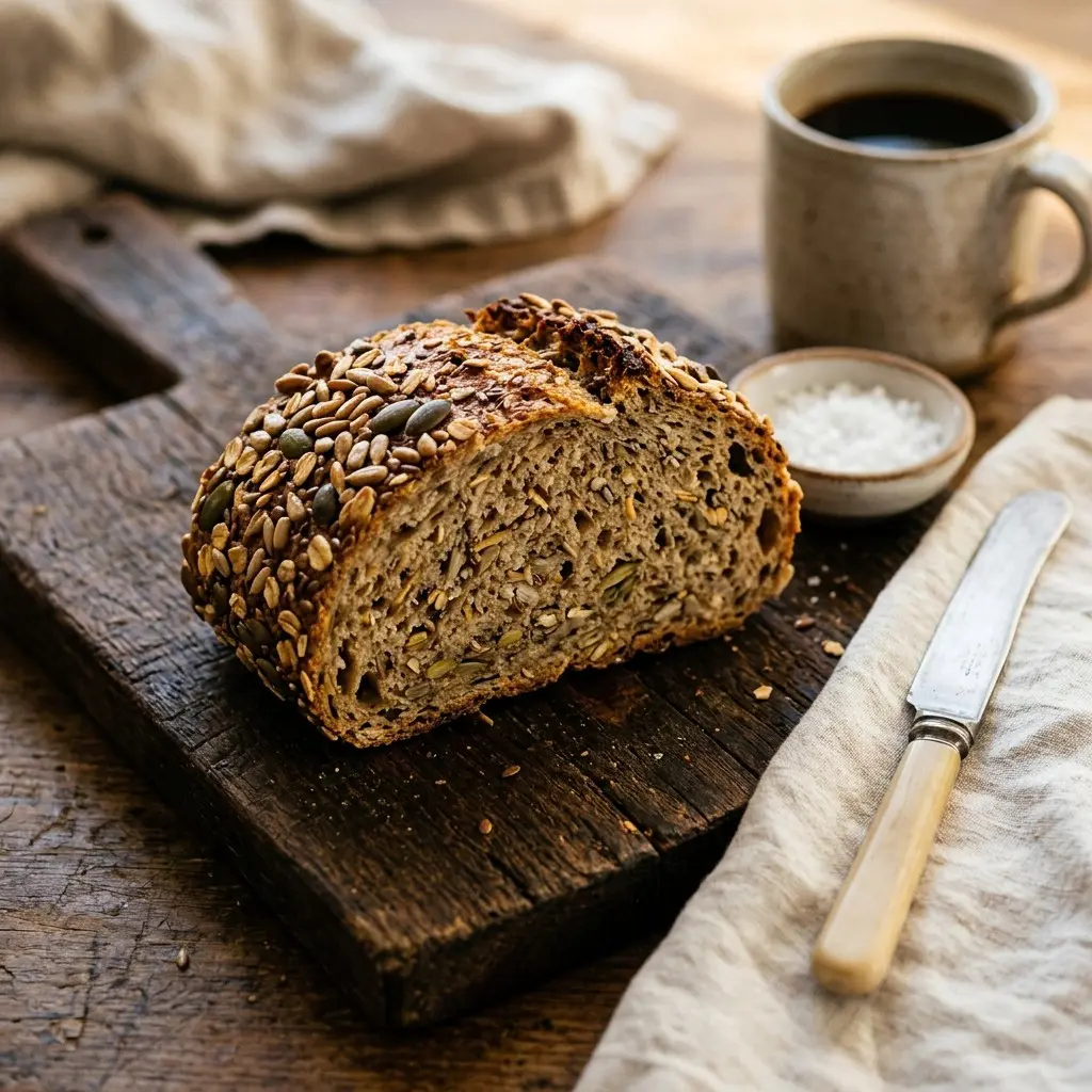 Stunning plated serving of Seeded Whole Grain Bread, a chef-tested recipe by Chef Jorj Morgan.