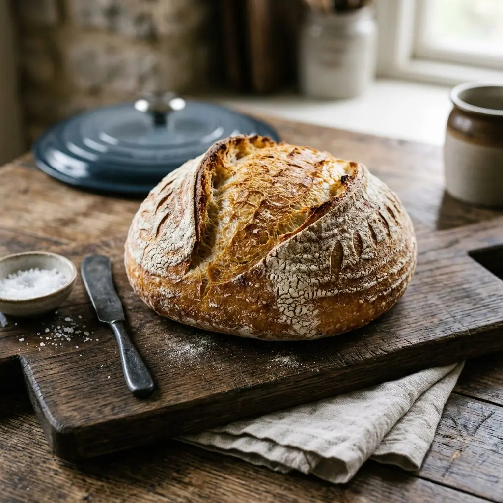 Stunning plated serving of Dutch Oven Loaf, a chef-tested recipe by Chef Jorj Morgan.