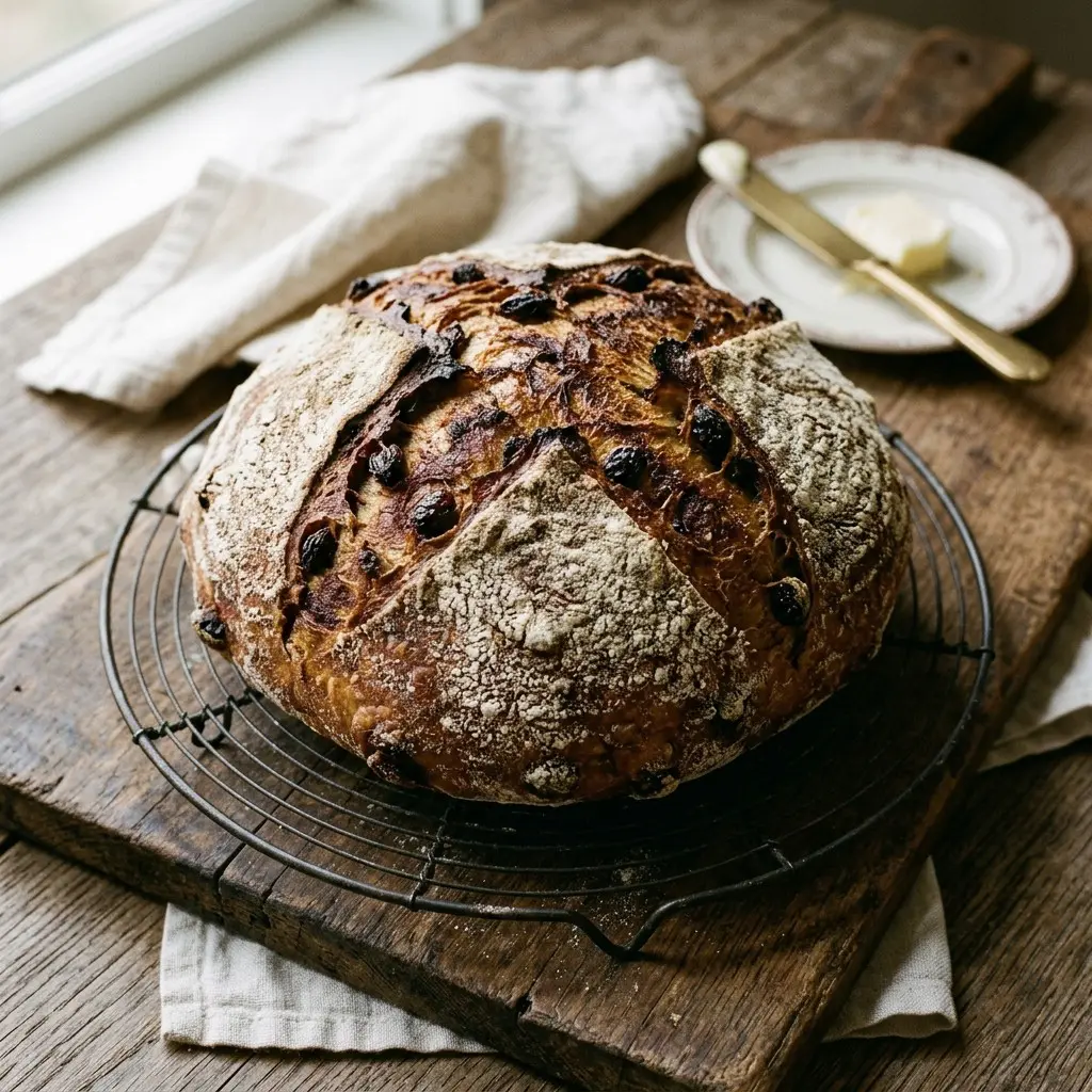 Stunning plated serving of Dutch Oven Cinnamon Raisin Bread, a chef-tested recipe by Chef Jorj Morgan.