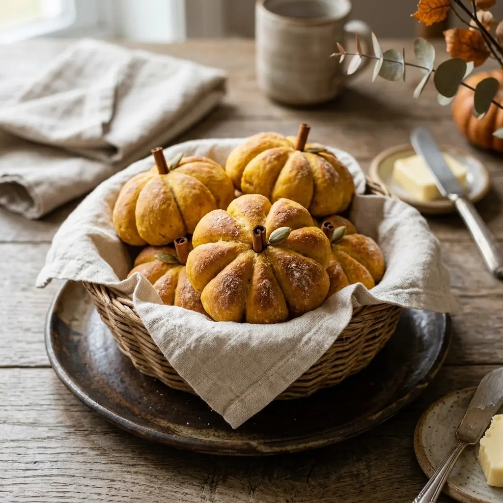 Stunning plated serving of Pumpkin Dinner Rolls, a chef-tested recipe by Chef Jorj Morgan.