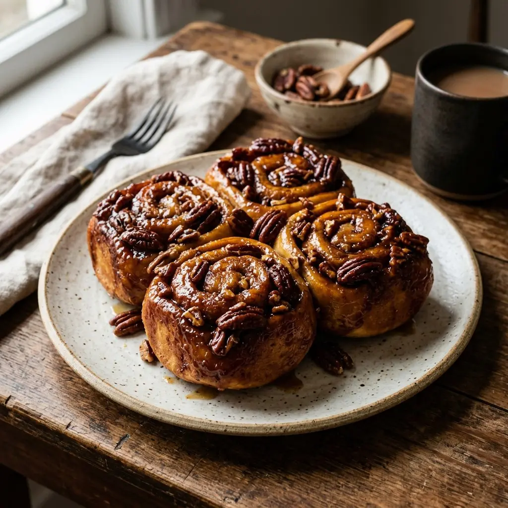 Stunning plated serving of Gooey Maple Pecan Rolls, a chef-tested recipe by Chef Jorj Morgan.