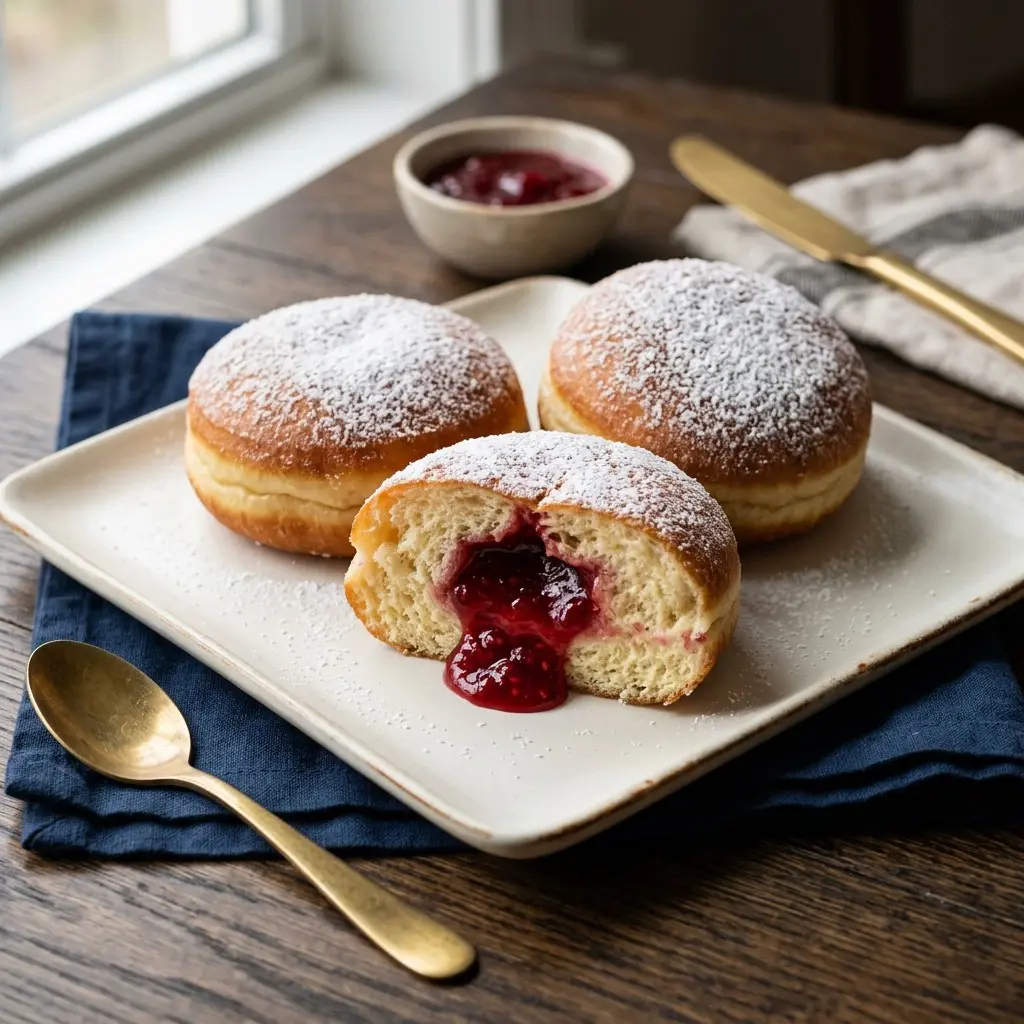 Stunning plated serving of Jelly-Filled Donuts, a chef-tested recipe by Chef Jorj Morgan.