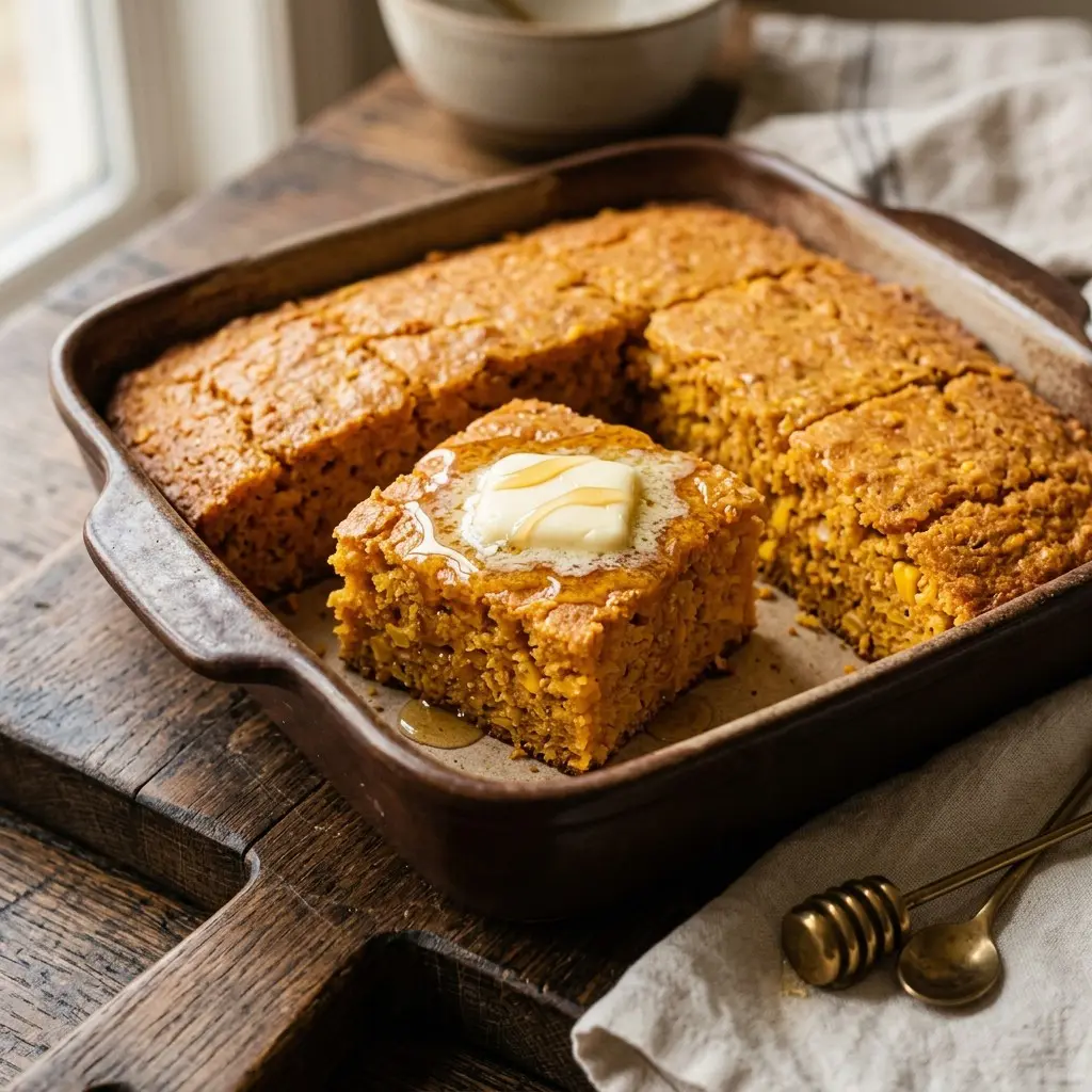 Stunning plated serving of Sweet Potato Corn Bread, a chef-tested recipe by Chef Jorj Morgan.