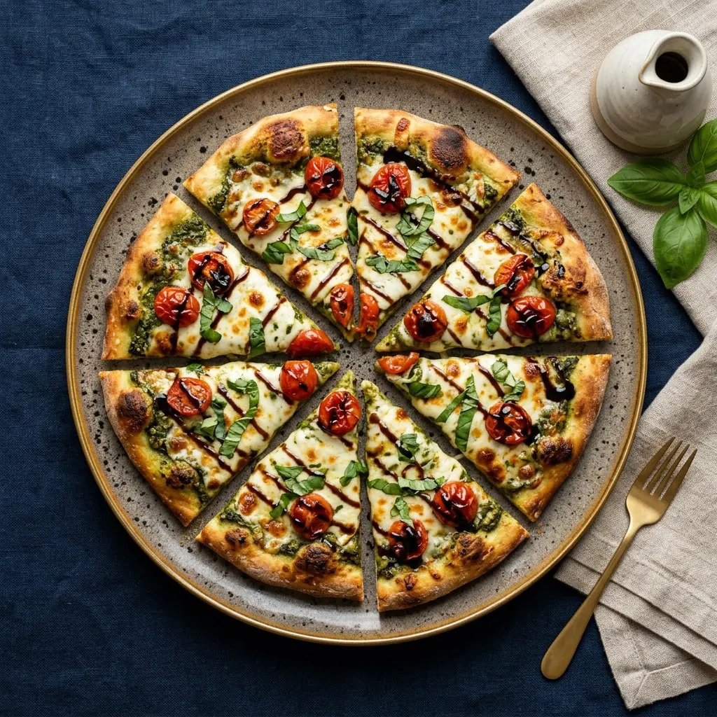 Stunning plated serving of Caprese Flatbread with Balsamic Vinegar Reduction, a chef-tested recipe by Chef Jorj Morgan.