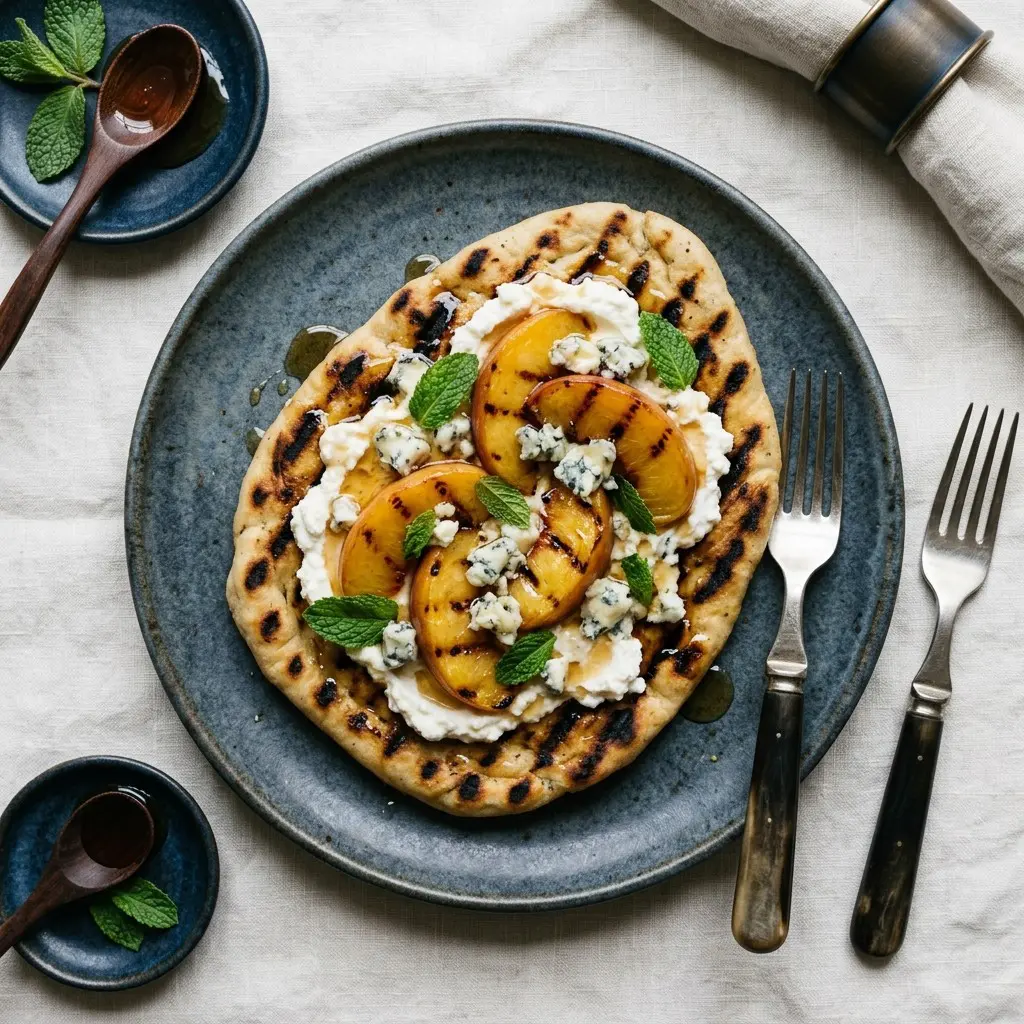 Stunning plated serving of Grilled Flatbread with Peaches, Gorgonzola Cheese, and Maple Glaze, a chef-tested recipe by Chef Jorj Morgan.